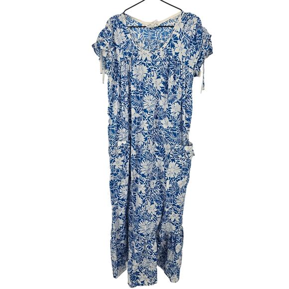 Models Coat Womens Sz 12 Maxi Length House Dress Blue White Floral Muu Muu - Picture 1 of 7